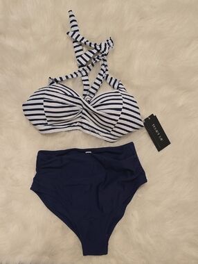 Navy & White Striped High-Waist Bikini Set